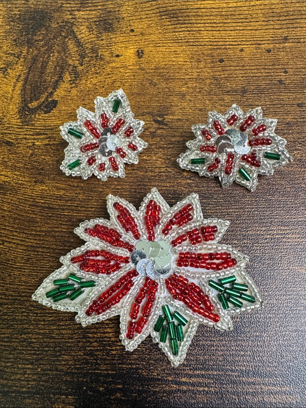 Beaded Red & Green Floral Poinsettia Earrings and Brooch Set